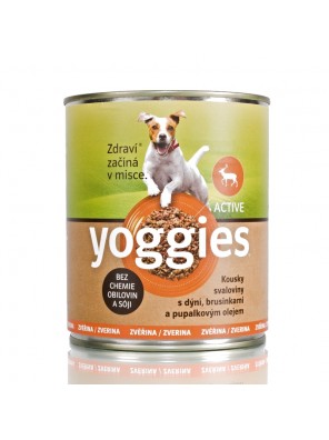 800g Yoggies zvěřinová konzerva pro psy s dýní a pupálkovým olejem.