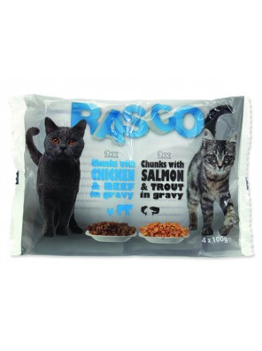Kapsičky RASCO Cat s lososem a pstruhem / s kuřecím a hovězím 4 x 100g - 400 g